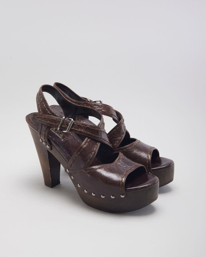 Vintage 00s Prada Brown Leather Wooden Heeled Sandals - UK 5