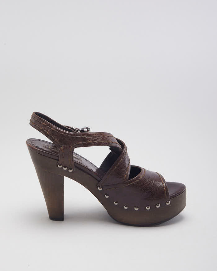 Vintage 00s Prada Brown Leather Wooden Heeled Sandals - UK 5