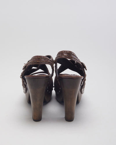 Vintage 00s Prada Brown Leather Wooden Heeled Sandals - UK 5