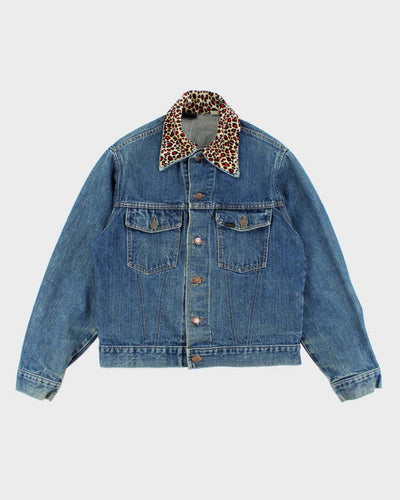 Vintage 90's Leopard Print Collar Dark Wash Denim Jacket - M