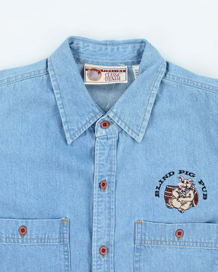 Vintage 90's Pig Embroidered Light Wash Denim Shirt - S