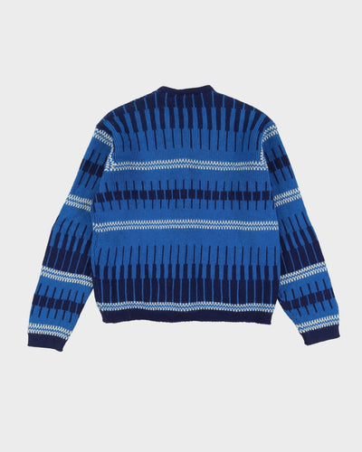 Vintage 80s Blue Patterned Wool Knit Cardigan - L
